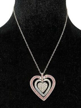 Heart Pendant Necklace Pink Rhinestone Accent Silver Tone Chain Adjustable Women